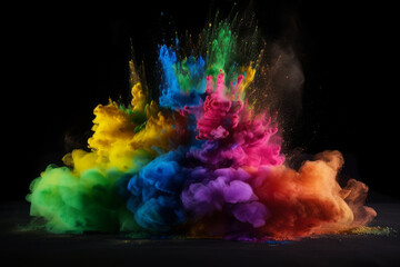 Fototapeta premium Explosion of colored powder on black background, Generative ai