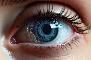 Close up, future woman eye with cyber technology panel, security interface, Generated by AI