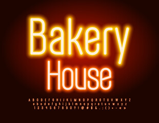 Vector neon Banner Bakery House. Modern stylish Font. Elegant Glowing Alphabet Letters, Numbers and Symbols set.