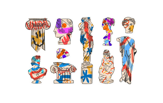Hand drawn vector abstract outline,graphic,contemporary greek ancient sculpture statues and columns line set.Antique classic statue in trendy graffity style,outline design concept.Sculpture art set.