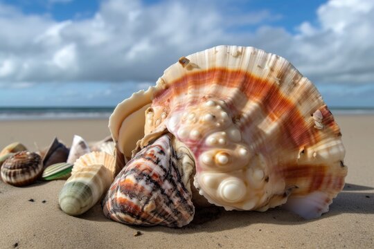 beachcomber finds a rare and beautiful shell among the typical shells on the beach, created with generative ai