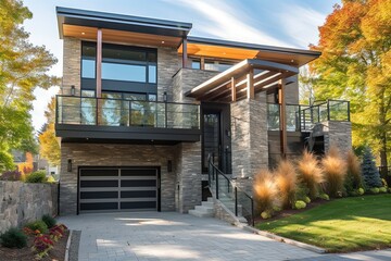 Modern Aesthetic meets Green Living: A tour of an Innovative New Home with 2-car Garage & Natural Stone Staircase, generative AI