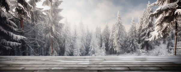 Wooden flooring. Banner winter christmas scenic landscape with copy space. Ai generative.