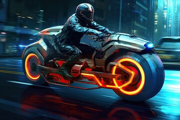 Futuristic electric bike with orange neon lights, cyberpunk hight-tech motorcycle, Generated by AI