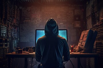 Hacker in hoodie, back view of hacker at desktop, Generated by AI