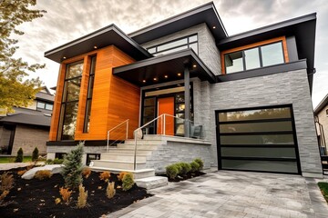 Stunningly Modern Home with 2-Car Garage, Natural Stone Staircase, and Eye-catching Orange Siding, generative AI