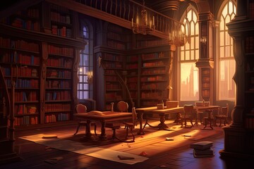 Library 2D mobile game background, rpg environment, classic library background, Generated by AI
