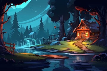 Fantasy world 2D mobile game background, 2D game houses, RPG environment, open world background, Generated by AI