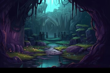 Cave 2D mobile game background, 2D game cave, RPG environment, open world background, Generated by AI