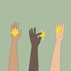 Hands holding stars. Metaphor for catching a dream, hope or celebration. Hand drawn vector illustration