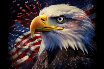 American Eagle with USA flag on background, 4th of july independence, Generative AI