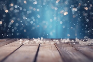 Beautiful winter flakes of snow fall and sparkle on light. Blurred defocused blue background and empty wooden flooring. Ai generative.