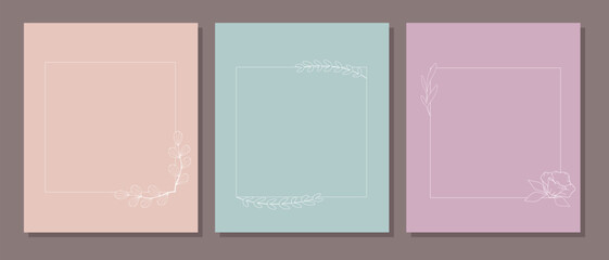 Set of elegant square templates with hand drawn botanical elements. For posters, decoration, postcards, wedding, invitation, cover, social media post