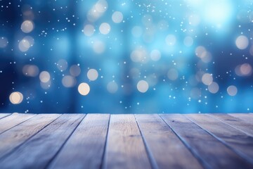 Beautiful winter flakes of snow fall and sparkle on light. Blurred defocused blue background and empty wooden flooring. Ai generative.