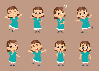 Illustration set of a young girl making showing different emotions and facial expressions