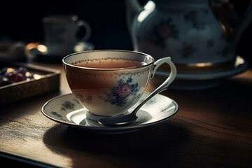A cup placed on a saucer with another saucer on top and a spoon inside. Generative AI