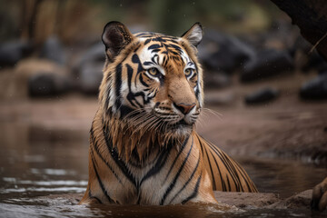 Fototapeta na wymiar Indian tiger male in natural habitat, Generative ai