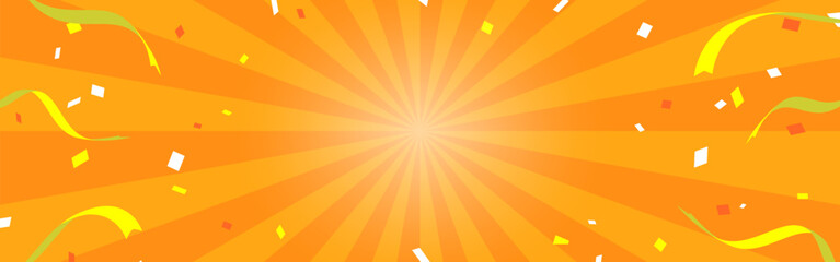 リボンや紙吹雪が舞うサンバーストの背景イラスト（オレンジ色、横長）