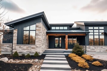 Contemporary Layout and Natural Stone Walls: A Stunning Minimalist New Build Home with Two-Car Garage and Navy Blue Siding., generative AI