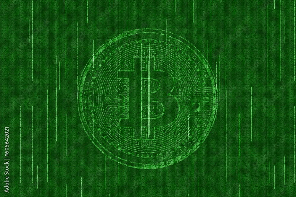 Aufkleber 3d rendering bitcoin symbol on a futuristic green matrix background