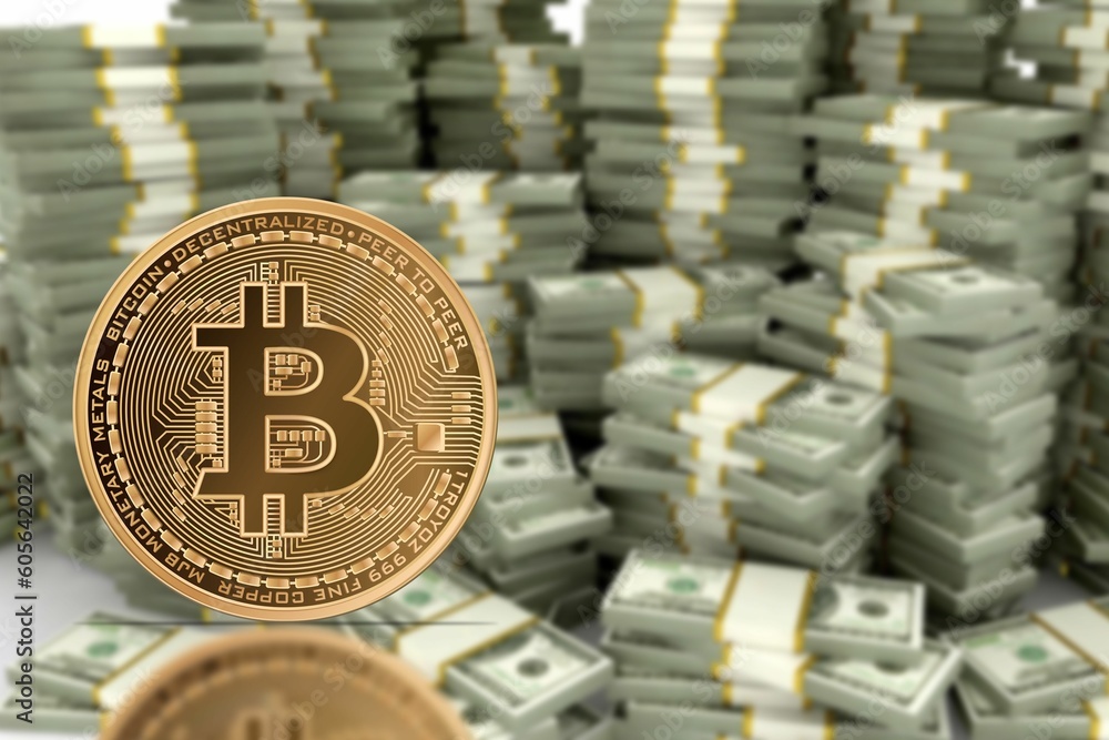 Aufkleber 3d rendering of a bitcoin with the money stack in the background