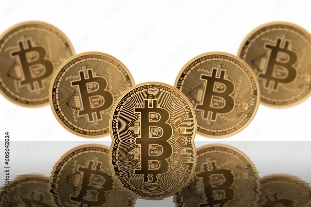 Aufkleber 3d rendering of five bitcoin and their shadows isolated on a white background