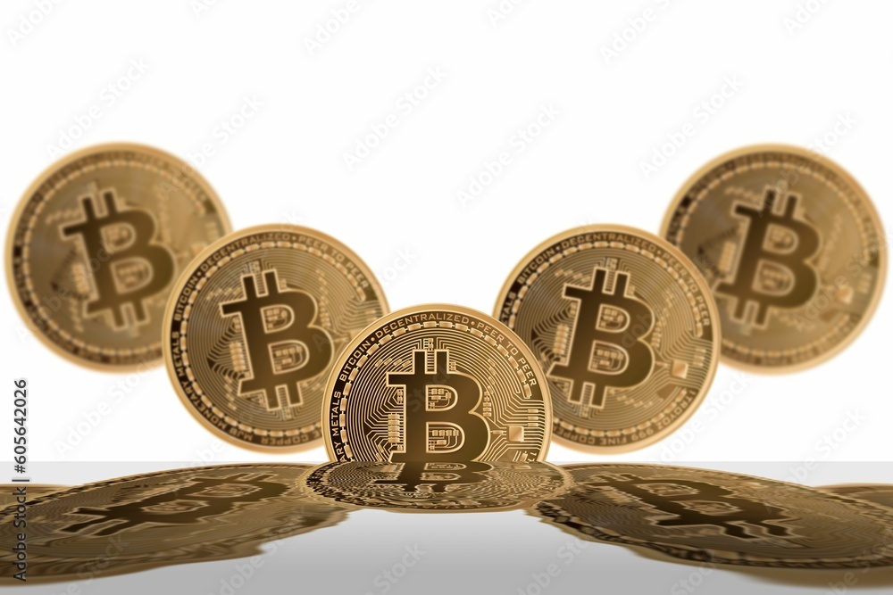 Poster 3d rendering of five bitcoin and their shadows isolated on a white background