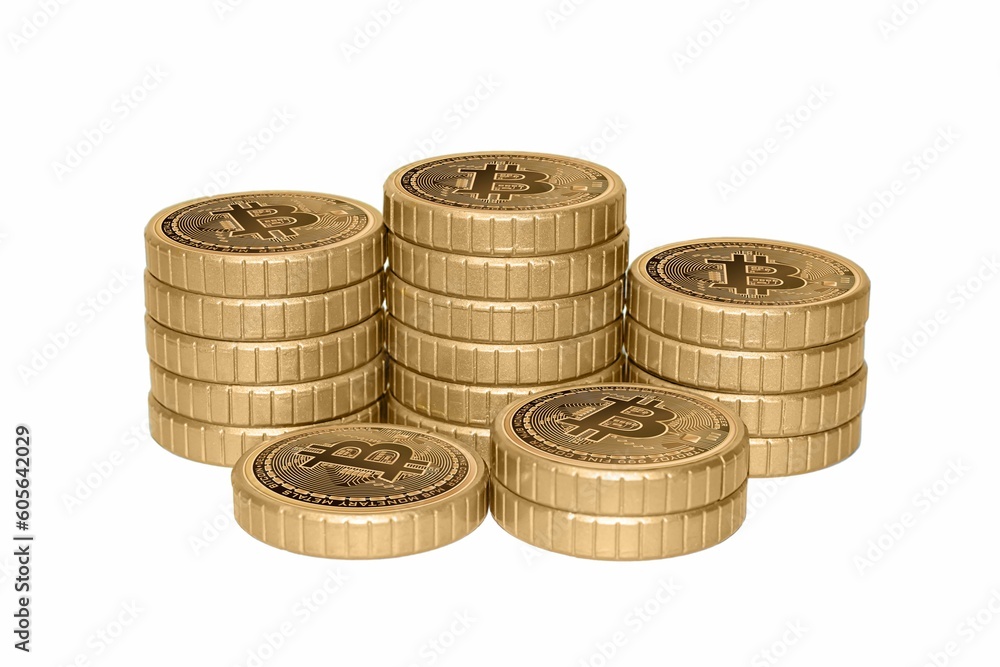 Aufkleber 3d rendering of bitcoins stacked on a white background