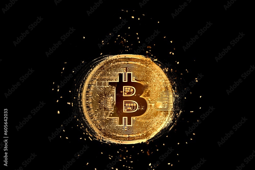 Poster 3d rendering bitcoin cracking on a black background