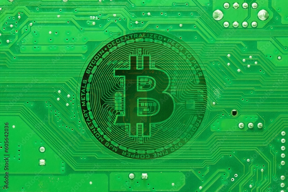 Aufkleber 3d rendering bitcoin symbol on a futuristic green matrix background