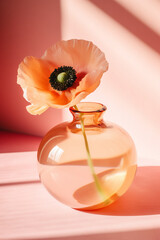Peach pink poppy in a round glass vase, peach pink interior, Generative AI