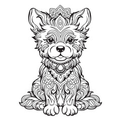 A dog with a collar and a flower complex coloring book page vector illustration.