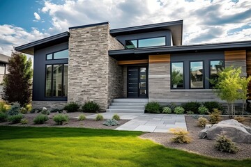 Fototapeta na wymiar Contemporary Layout and Natural Stone Walls: A Minimalist New Build Home with Two-Car Garage and Dark Blue Siding, generative AI