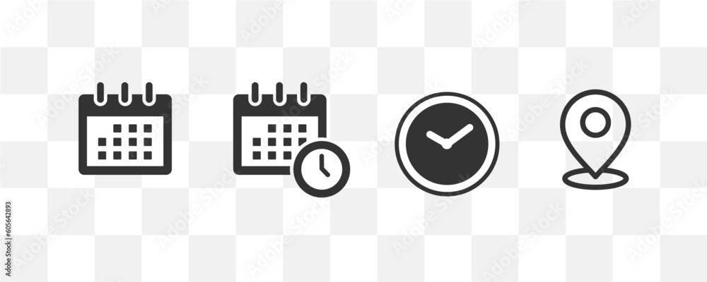 Poster calendar schedule date time location icon set on a transparent background vector stock illustration.