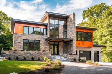 Contemporary Layout & Natural Stone Walls Accent Minimalist New Build Home with Orange Siding & Two-Car Garage, generative AI
