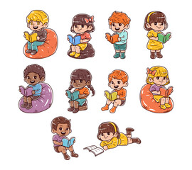 Set of kids character with a reading book hand-drawn illustration