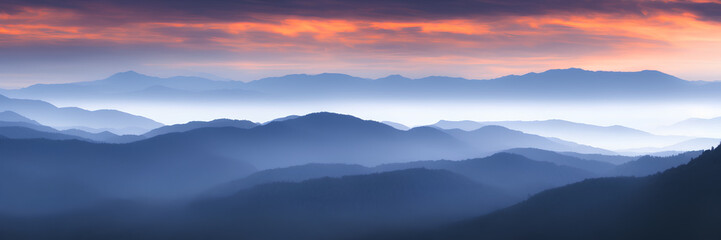 Fototapeta na wymiar Sunset in the mountains, ai generation, panoramic