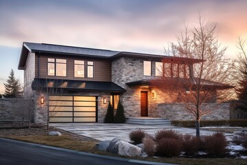 Contemporary Layout and Natural Stone Walls Highlight Coral Siding New Build Home with Two-Car Garage, generative AI