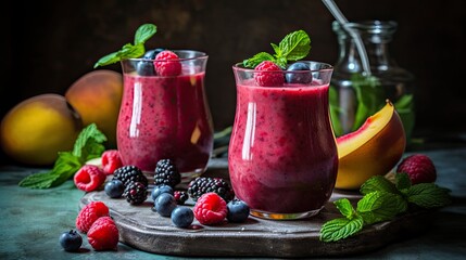 Refreshing and Delicious Peach, Blackberry, Strawberry, Mint, Kiwi Mixed Summer Fruit Smoothie. Dark blurred background. Generative ai
