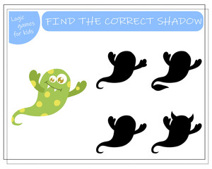 Find the right shadow, an educational game for kids, cartoon monsters, aliens in a flying saucer. Vector illustration