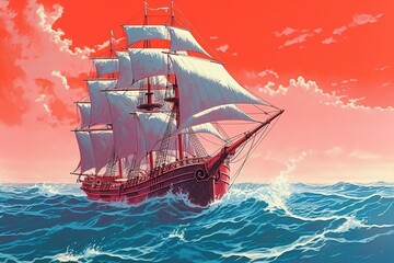 Sailboat with scarlet sail in a waves. Generative AI