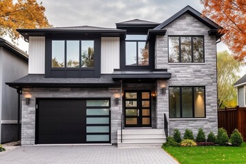 Cutting-Edge Features in a Brand New Progressive House with Single Car Garage and Stunning Light Gray Siding and Natural Stone Cladding, generative AI