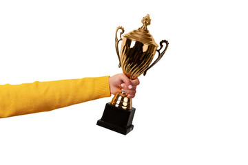 hand holding golden trophy  isolated on transparent background - 605643684