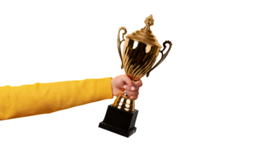 hand holding golden trophy  isolated on transparent background