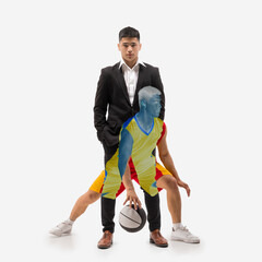 Confidence. Handsome young man in suit and active basketball playing in uniform training isolated over white background. Collage. Concept of sport and business, active lifestyle, motivation and hobby