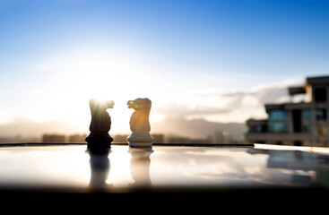 Two chess knights on city background © xy