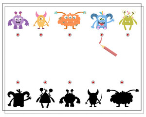 Find the right shadow, an educational game for kids, cartoon monsters, aliens in a flying saucer. Vector illustration