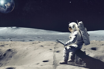 Illustration featuring an astronaut standing on the moon, typing on a laptop. Ai generated