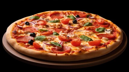 Rustic wooden table with pizza Margarita with fire in the back. Generative AI