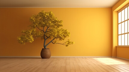 Fototapeta na wymiar Yellow Wall Empty Room With Plants On A Wooden Floor